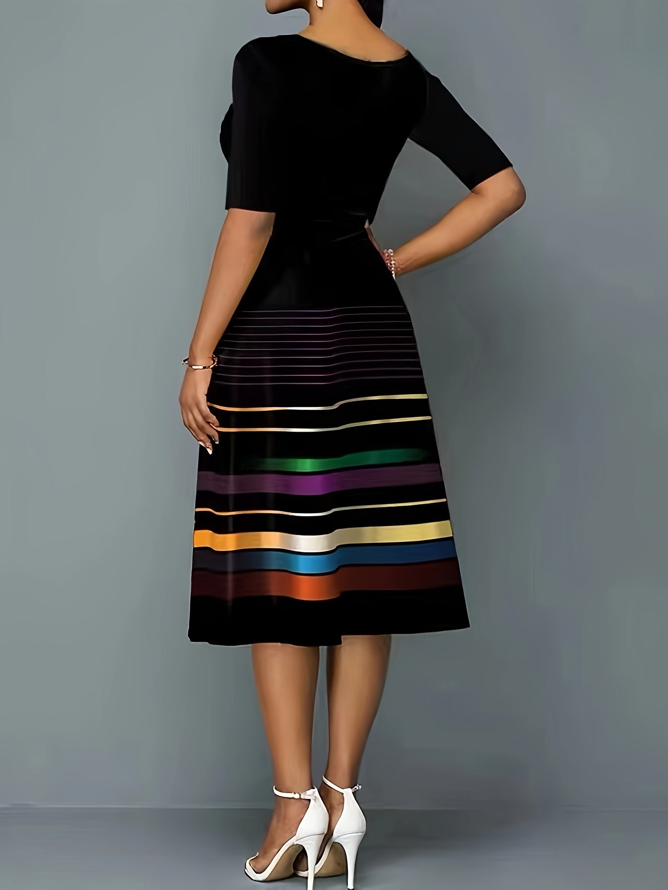  Casual Dress Women's Plus Colorblock Stripe Print Midi Dress