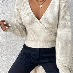 Surplice Neck Knit Sweater Long Sleeve Casual