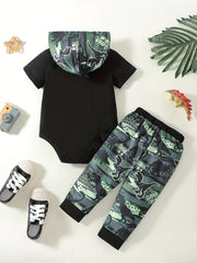 Summer Dino Print Baby Outfit Hooded Romper Top Trousers Set