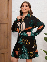  Tropical Print Button Up Long Sleeve Shirt Dress