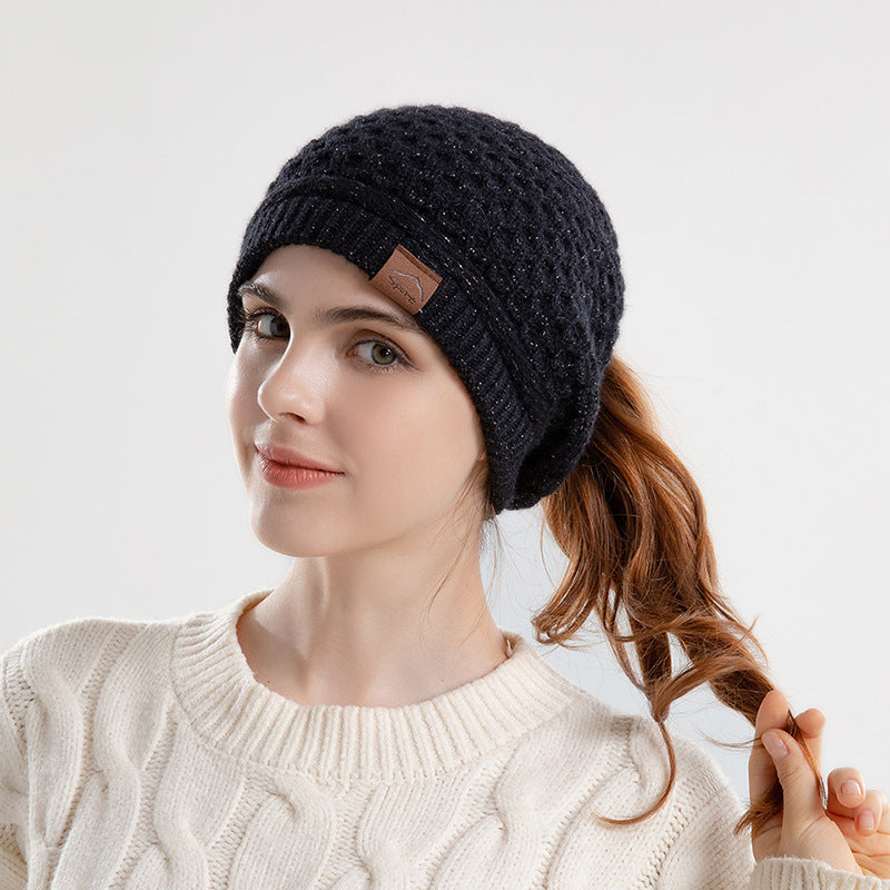 Warm Ear Protection Beanie Hat with Horse Tail Hole