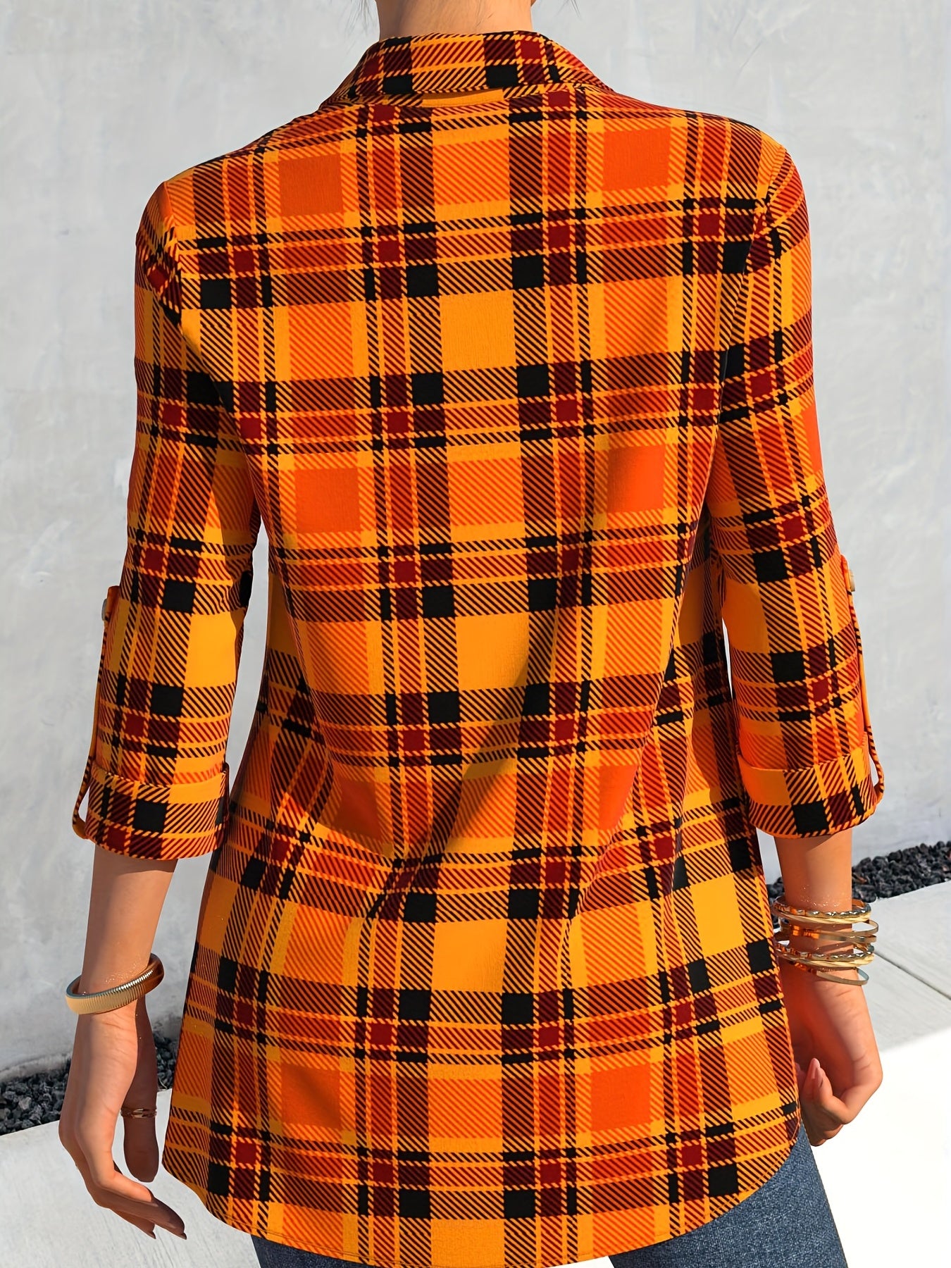  Plaid Roll Up Sleeve Button Up Shirt