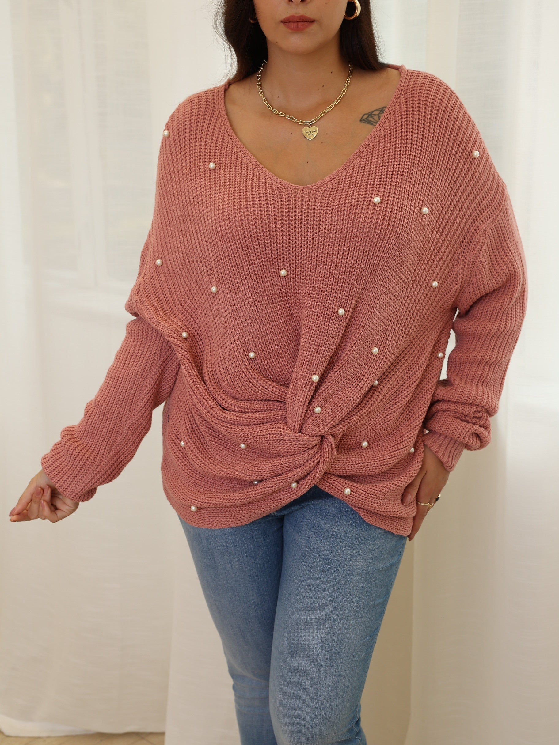  Women's Faux Pearl Twist Front V Neck Sweater