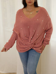 Women's Faux Pearl Twist Front V Neck Sweater