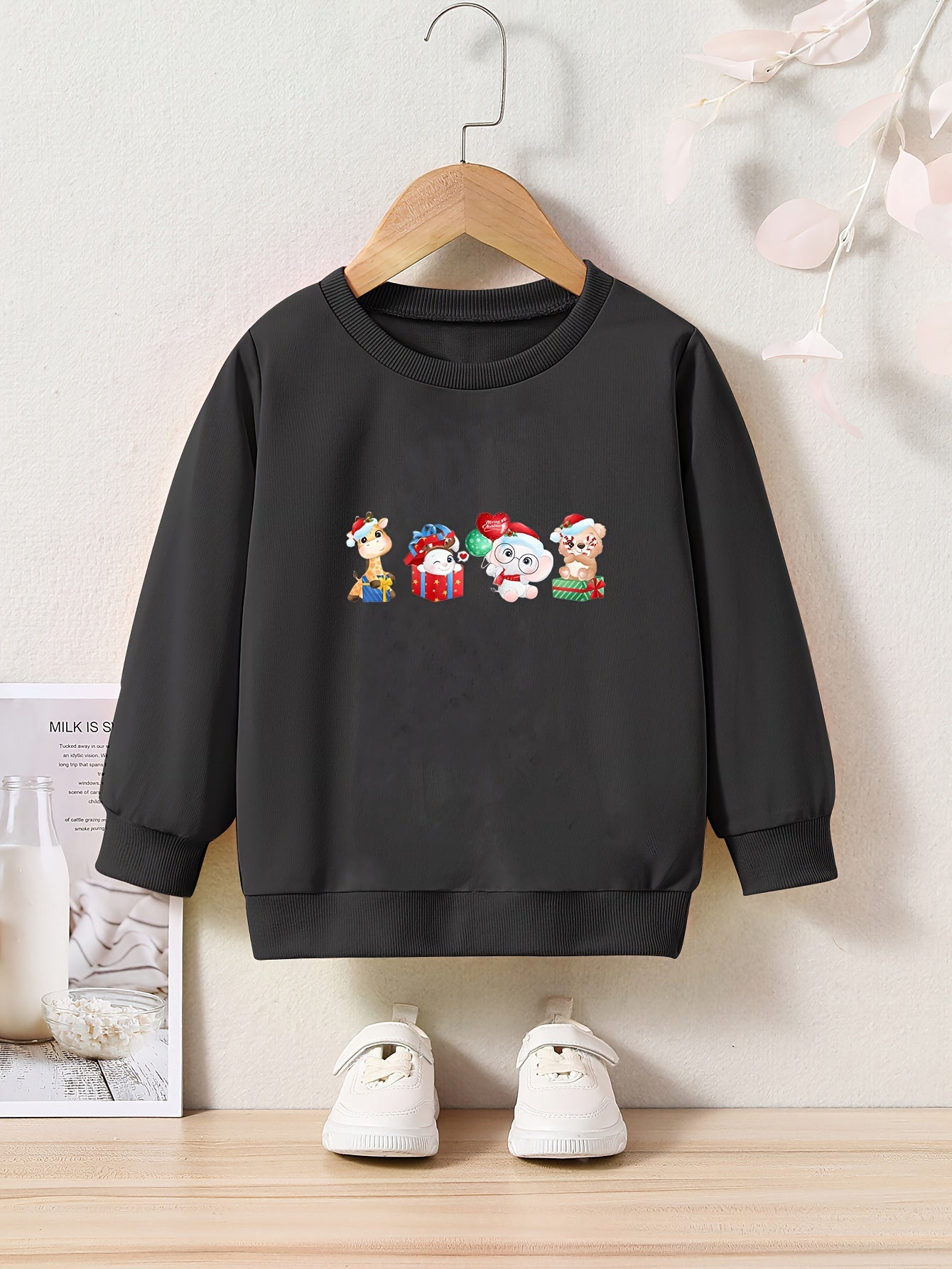 Christmas Cartoon Animals Crew Neck Long Sleeve Sweatshirt for Girls Kids