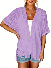  Solid Short Sleeve Open Front Cardigan