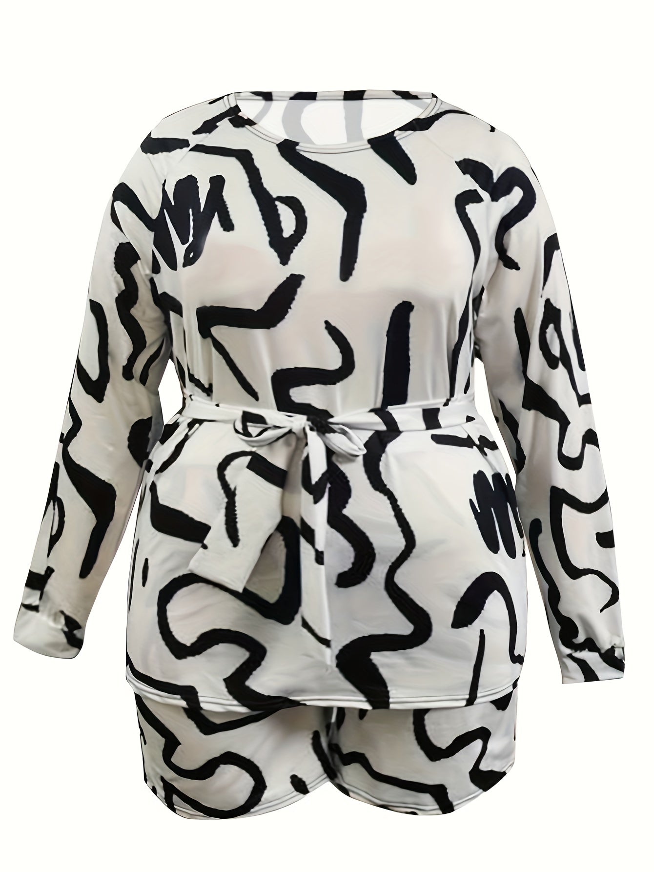 Women's Plus Graffiti Print One Shoulder Top & Shorts Set