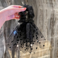 Heart Shape Pattern Hair Tie Small Faux Pearl Hair Tassel Mesh Large Scrunchie