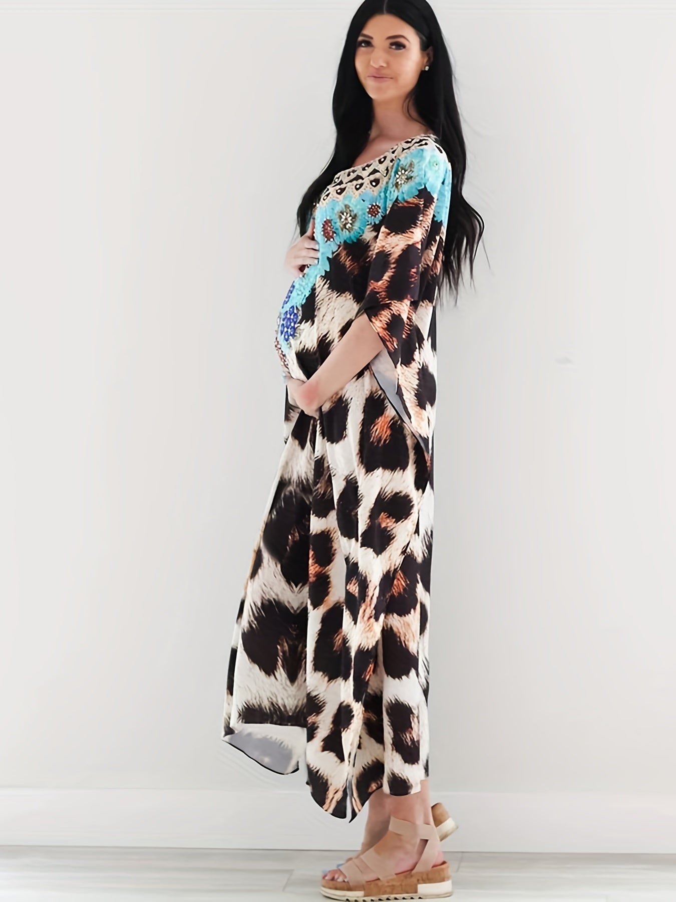  Leopard Print Bat Sleeve Split Cover Up Dress