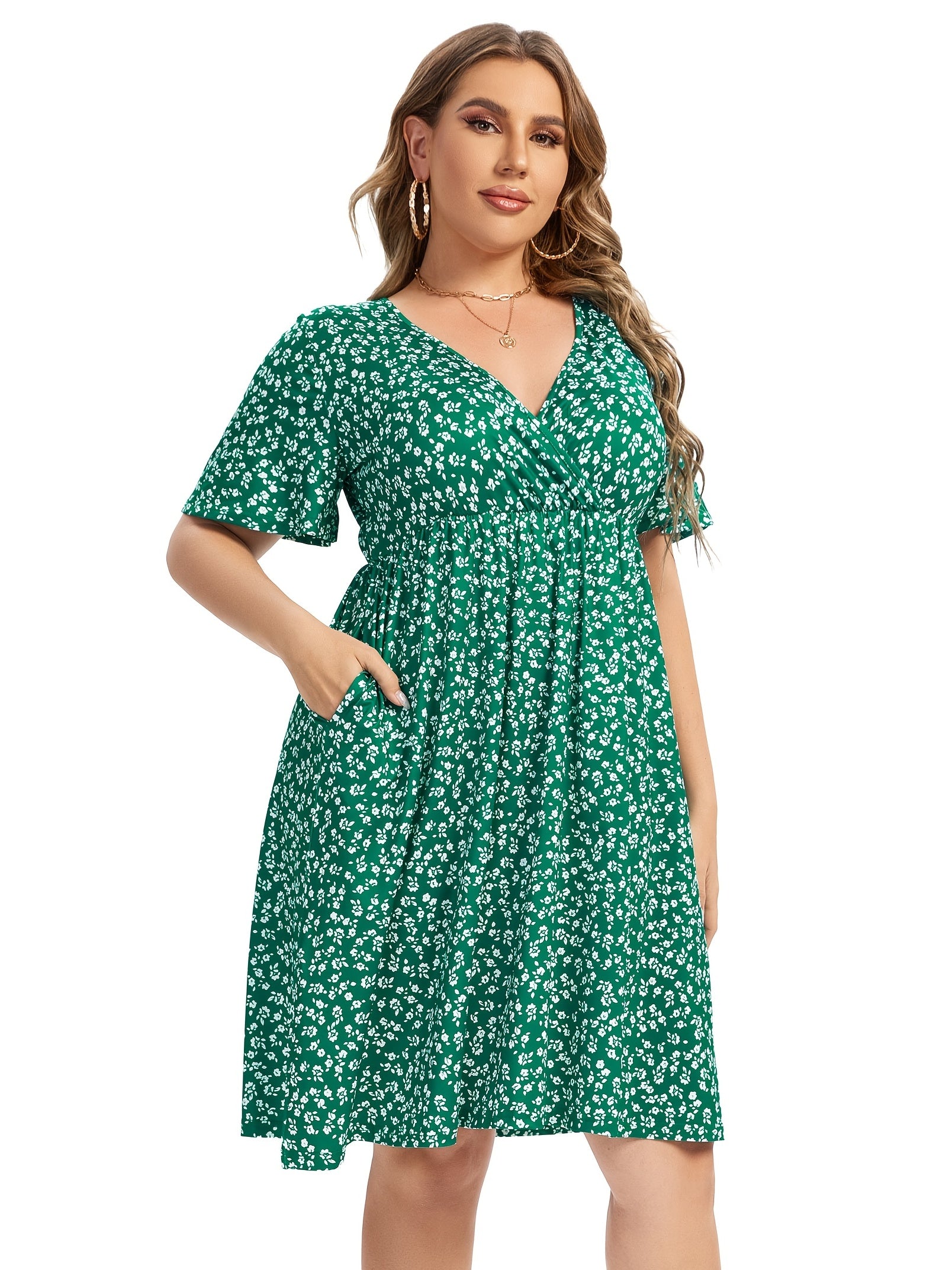  Floral Print Short Sleeve V Neck Dress With Pockets