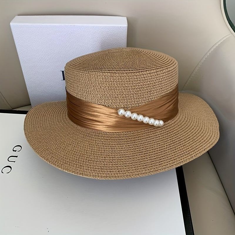 French Style Sun Hats Faux Pearl Strap Decor Flat Top Jazz Straw Hat