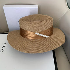 French Style Sun Hats Faux Pearl Strap Decor Flat Top Jazz Straw Hat