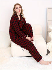  Plaid Print Pajamas Set - Long Sleeve Button Up Shirt & Pants