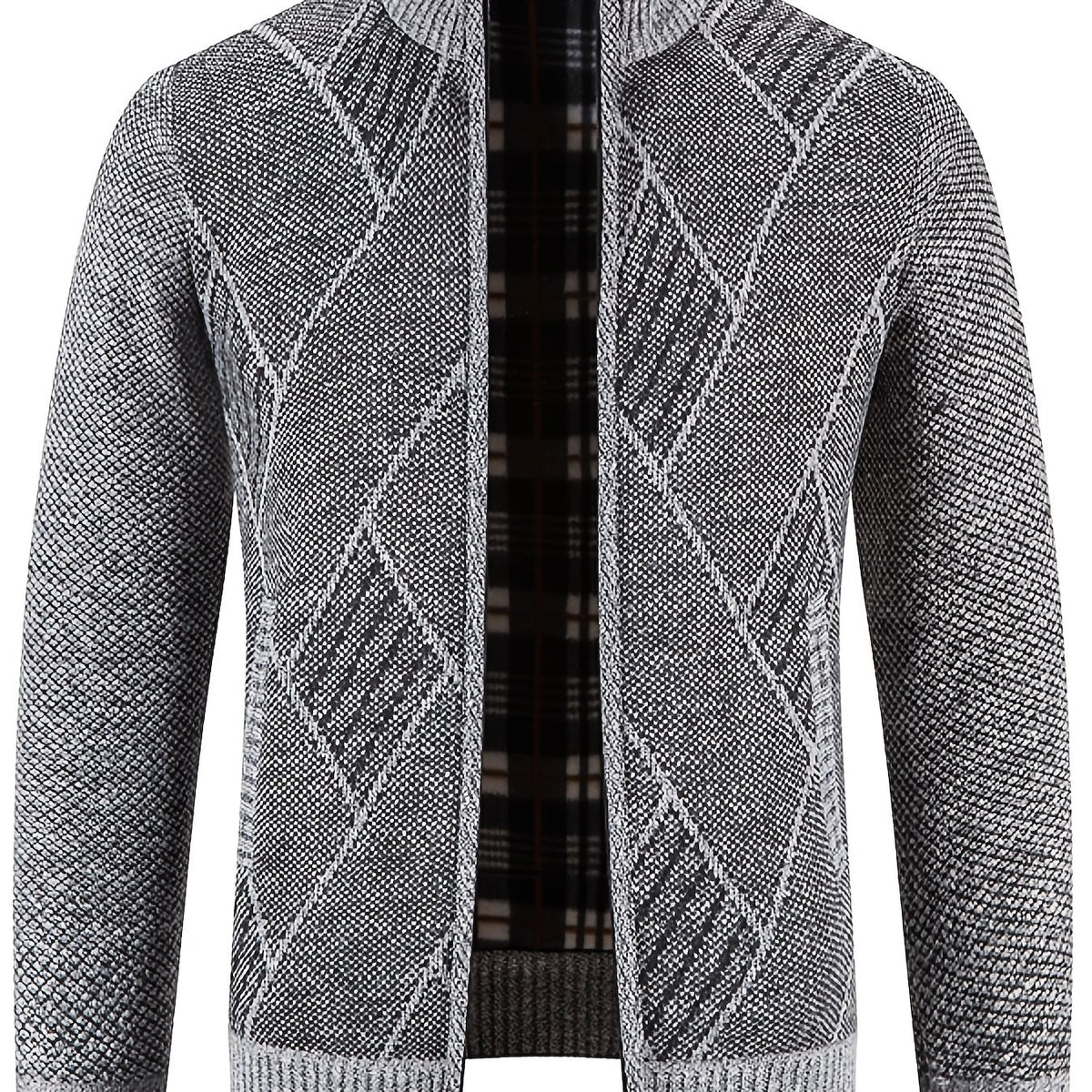 Men's Knit Zip Up Cardigan Plush Warm Stand Collar Diamond Plaid