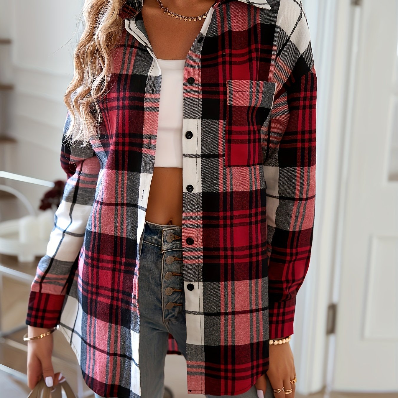  Plaid Print Long Sleeve Button Up Tunic Shirt Top