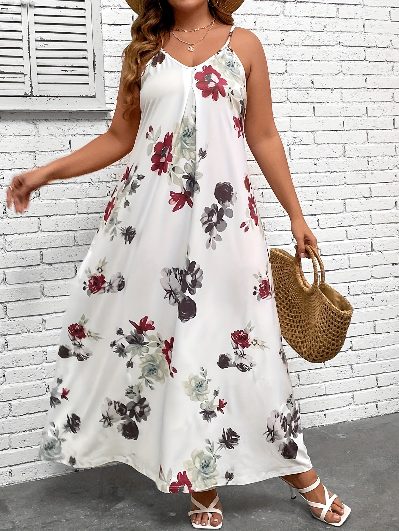 Floral Print Adjustable Strap Maxi Dress