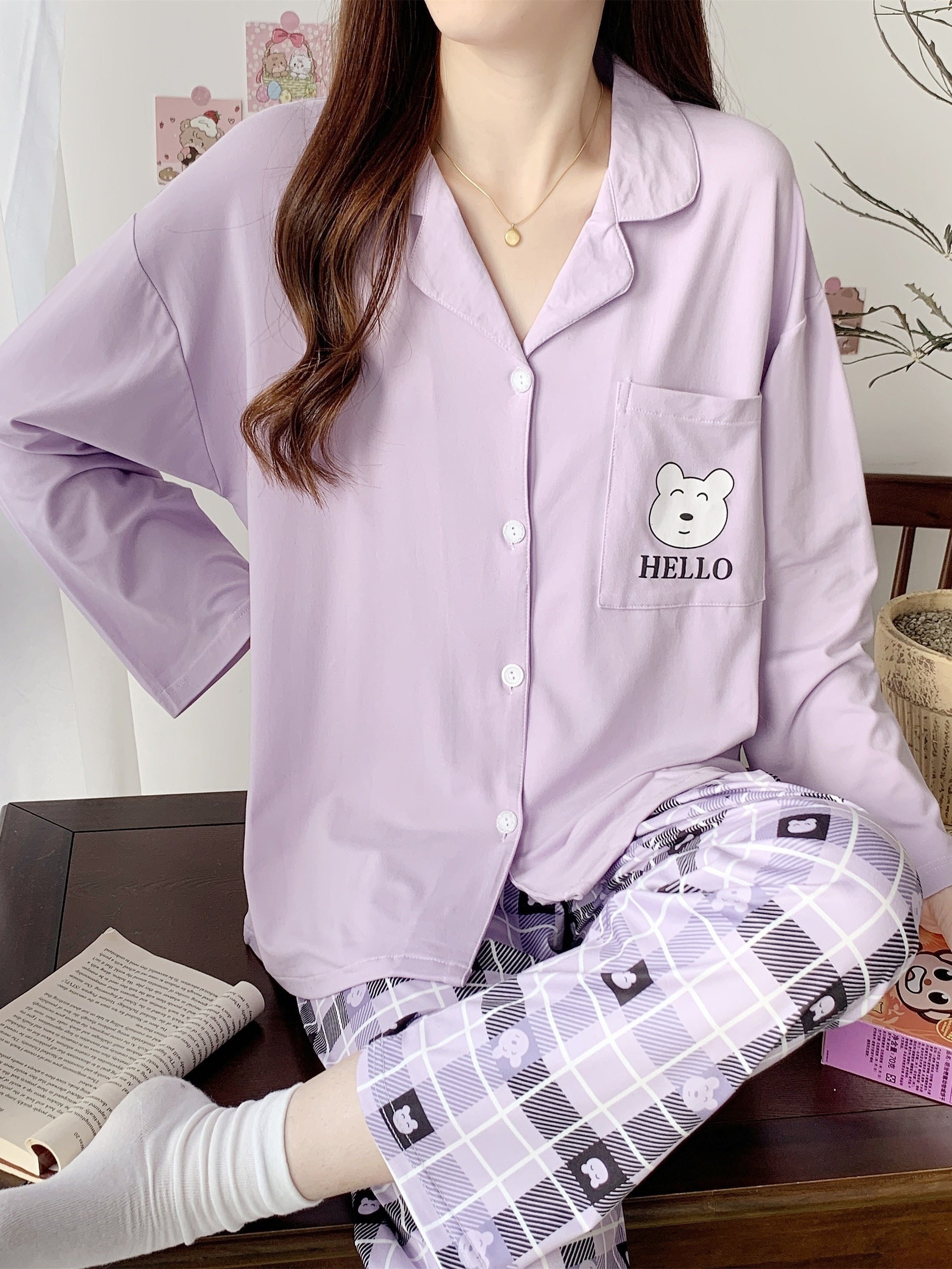 Bear Print Lounge Set Top & Plaid Pants Women's Loungewear