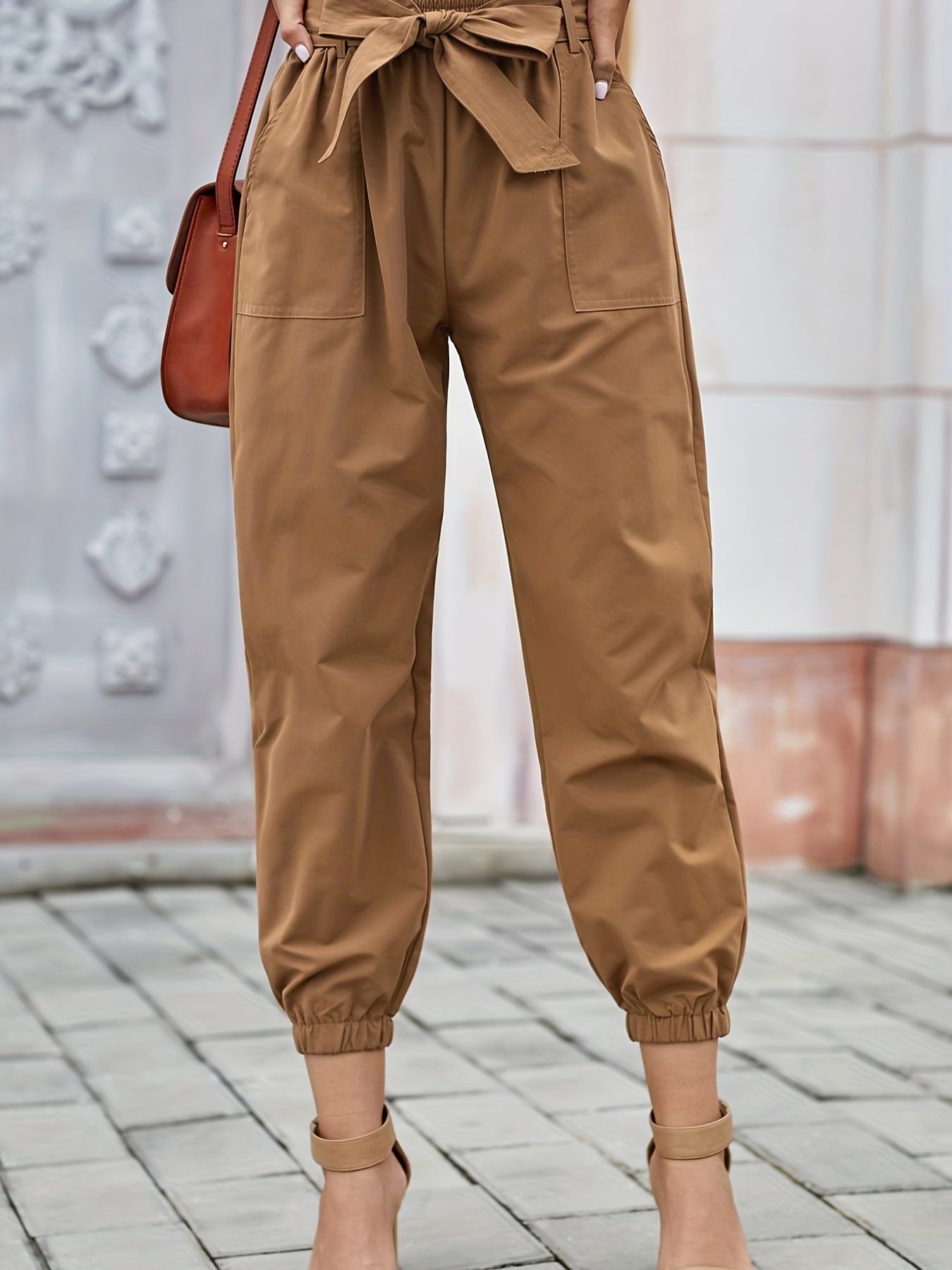  Casual Pants Women's Plus Solid Elastic Belted High Rise Trousers