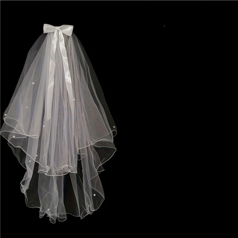 Romantic French Style Double Layer Bridal Veil with Beaded Bow