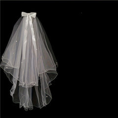Romantic French Style Double Layer Bridal Veil with Beaded Bow