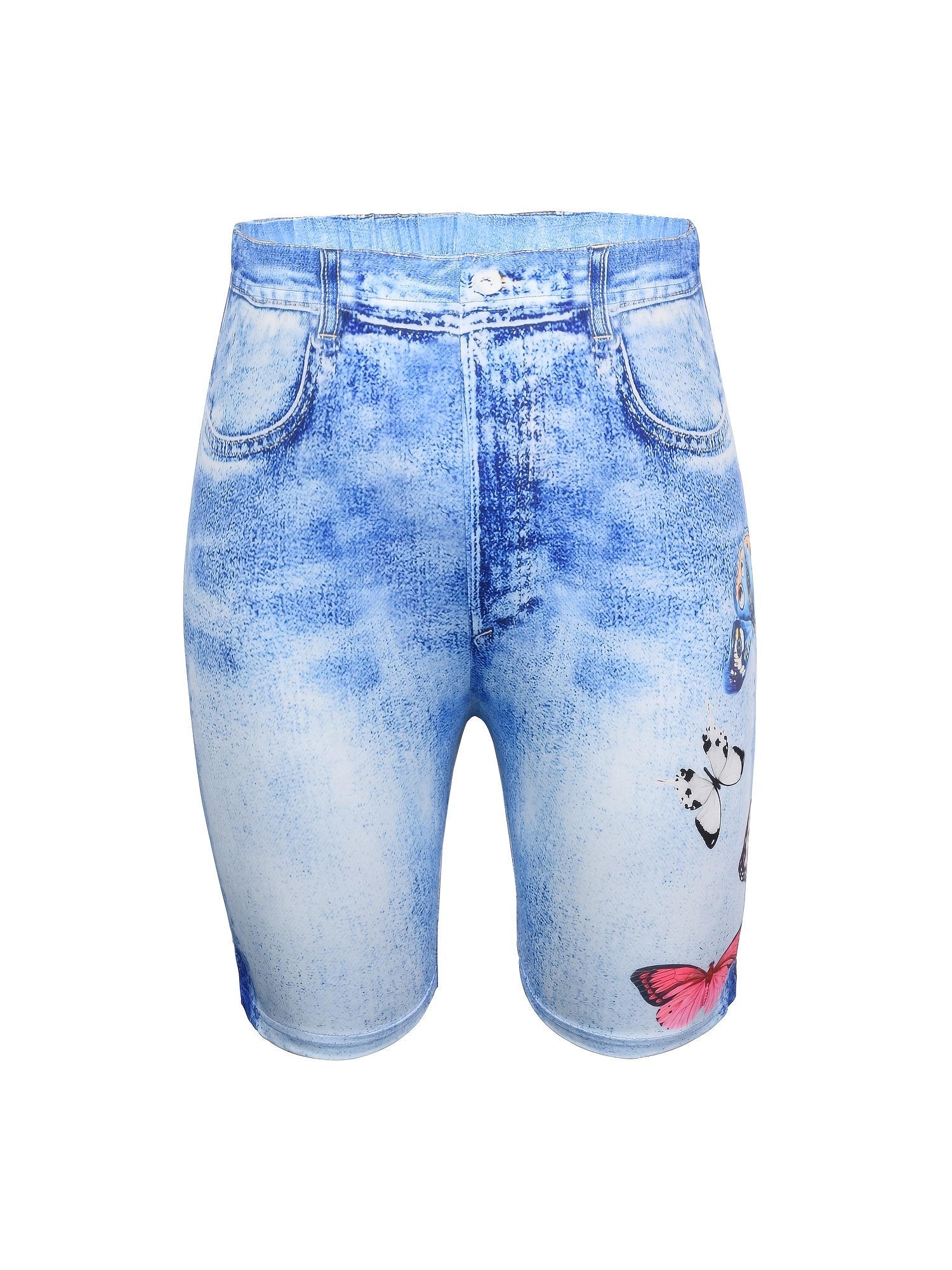  Butterfly & Denim Print Stretchy Shorts Women's Plus