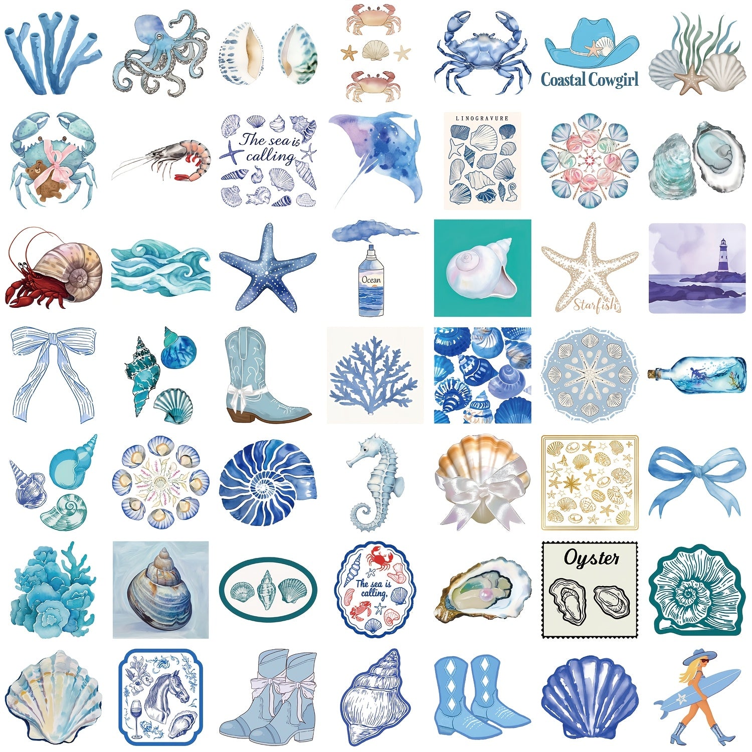 50pcs Coastal Girl Vinyl Stickers Ocean Themed Cartoon Decals for Laptop Water B