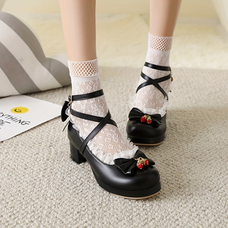 Women's Chunky Heels with Bowknot Decor, Sweet Strawberry Detail