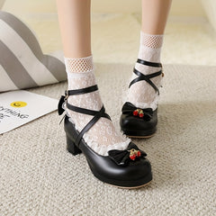 Women's Chunky Heels with Bowknot Decor, Sweet Strawberry Detail