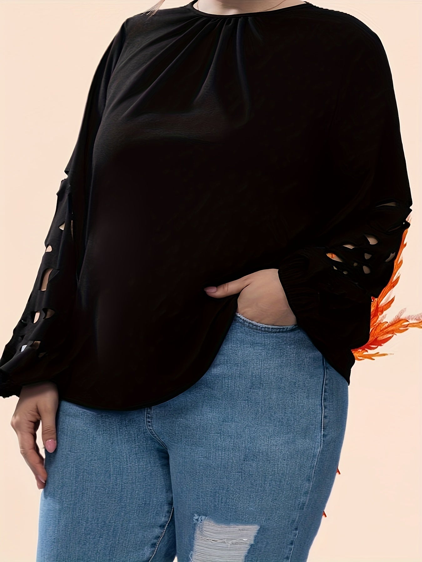  Solid Cut Out Lantern Sleeve Top