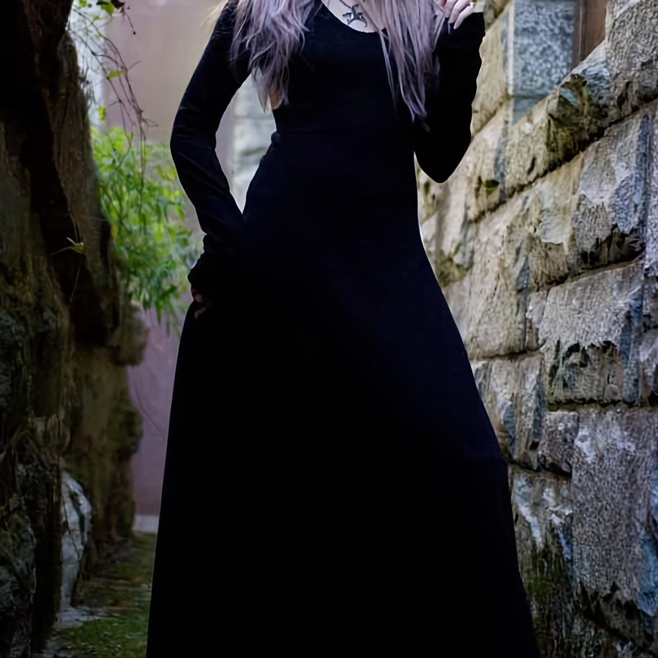  Gothic Dress Women's Solid Long Sleeve Maxi Dress