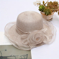 Organza Mesh Flower Sun Hat Striped Ruffles Bucket Hat
