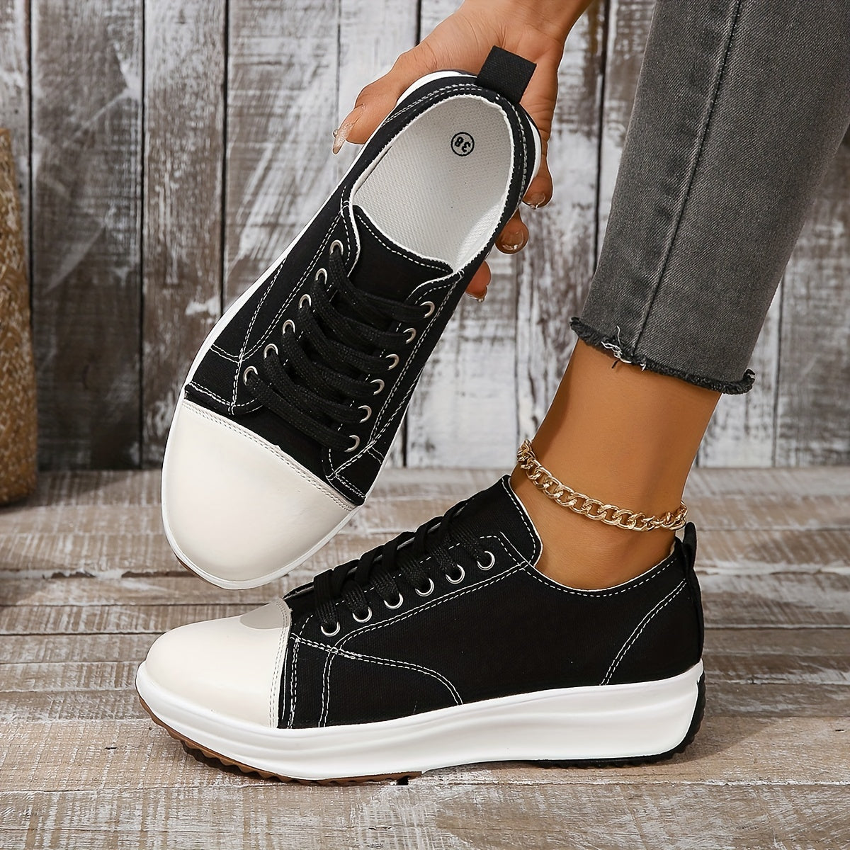 Platform Canvas Lace Up Sneakers Non Slip Thick Soles Comfort Sporty Style