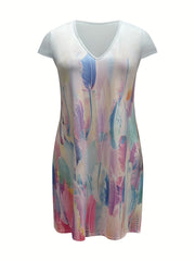 Feather Print Short Sleeve V-Neck Stretch Dress