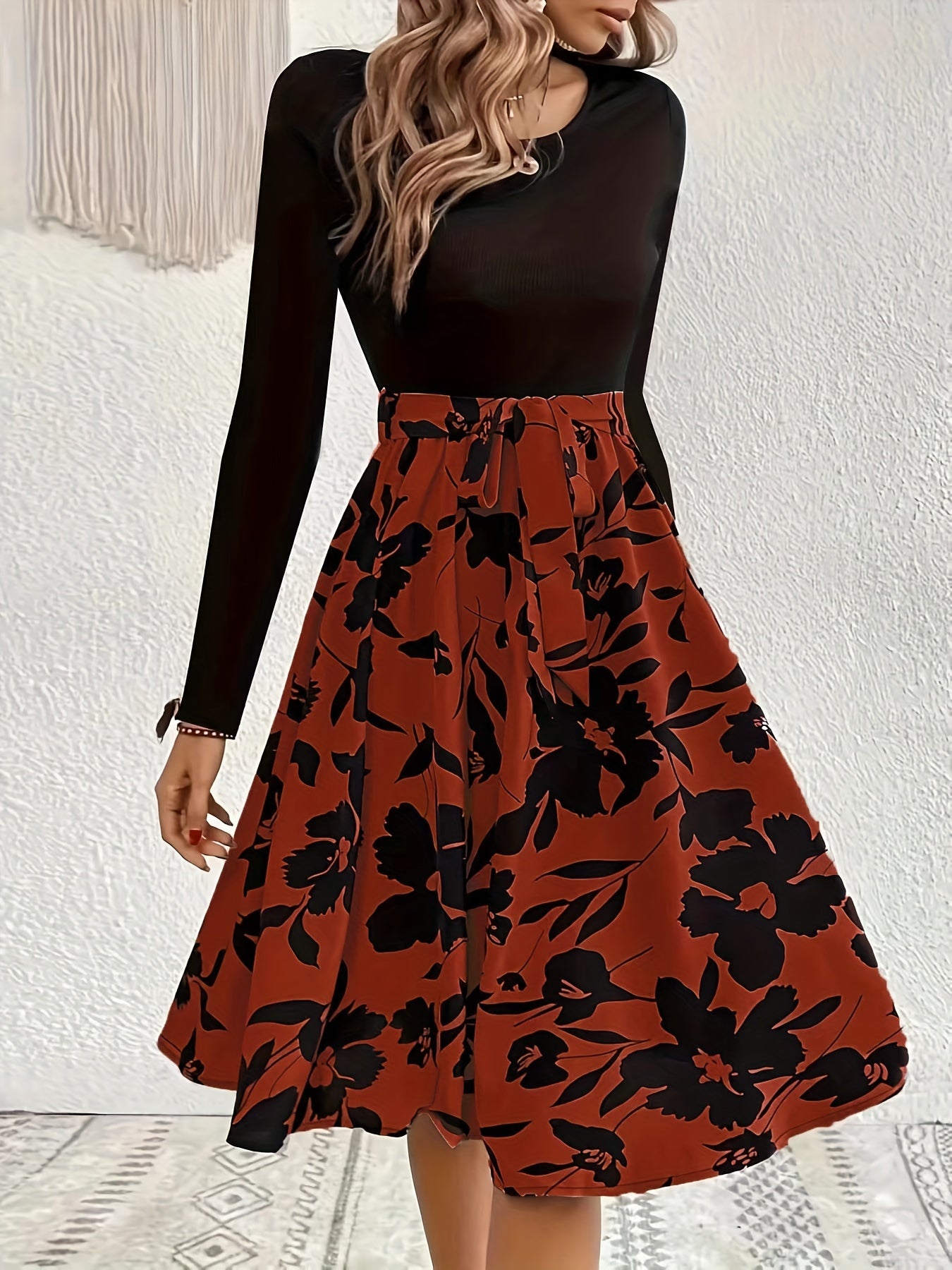  Colorblock Floral Print Long Sleeve Maxi Dress With Belt