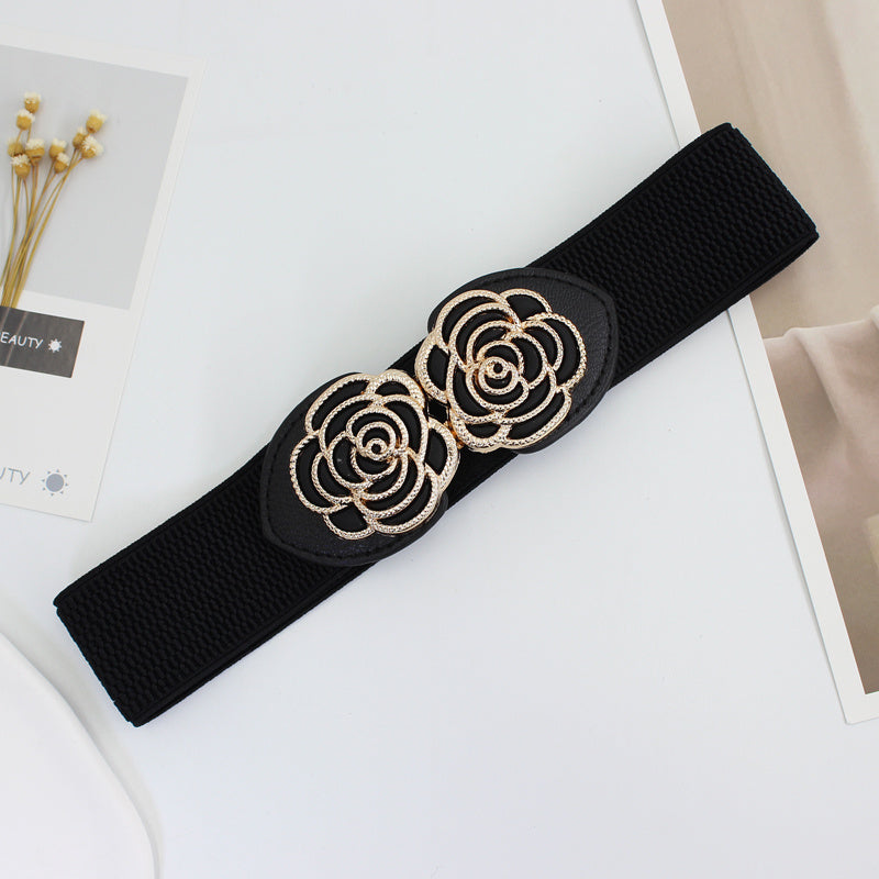 Vintage Stretch Waist Belt Women Dress Waistband Metal Leaf Buckle