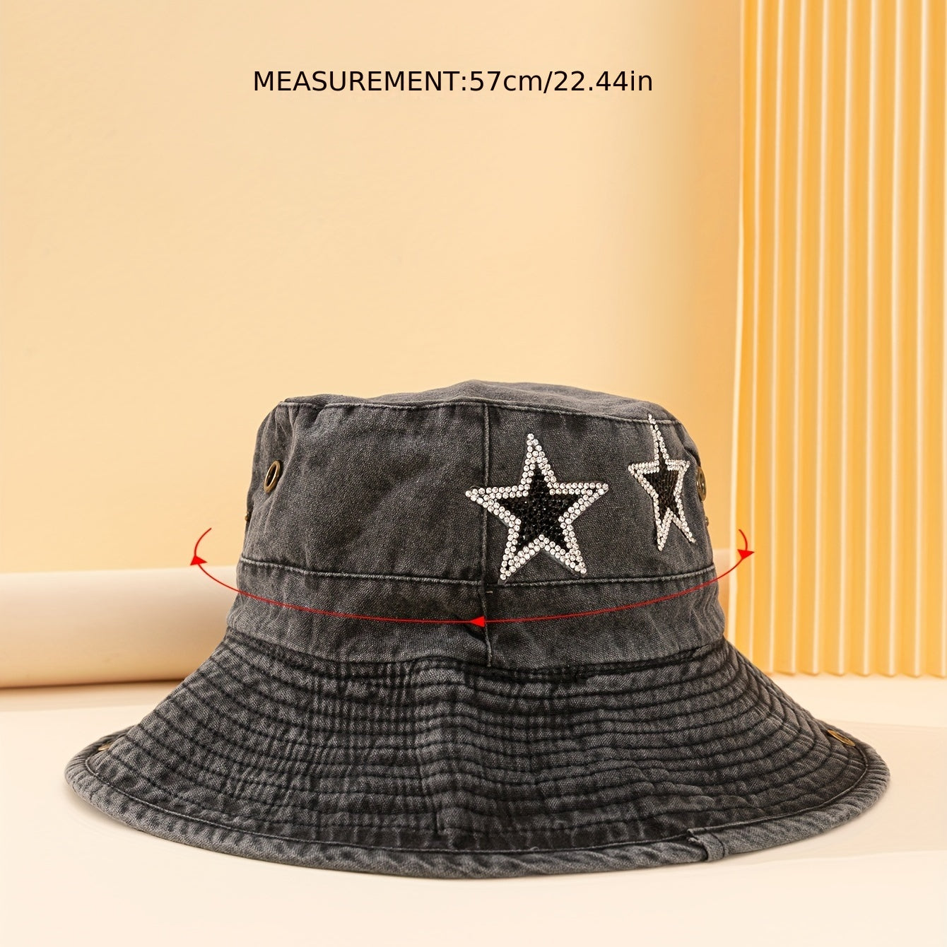 Rhinestone Pentagram Denim Bucket Hat Distressed Sun Hat Boonie Hats