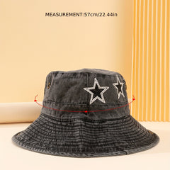 Rhinestone Pentagram Denim Bucket Hat Distressed Sun Hat Boonie Hats