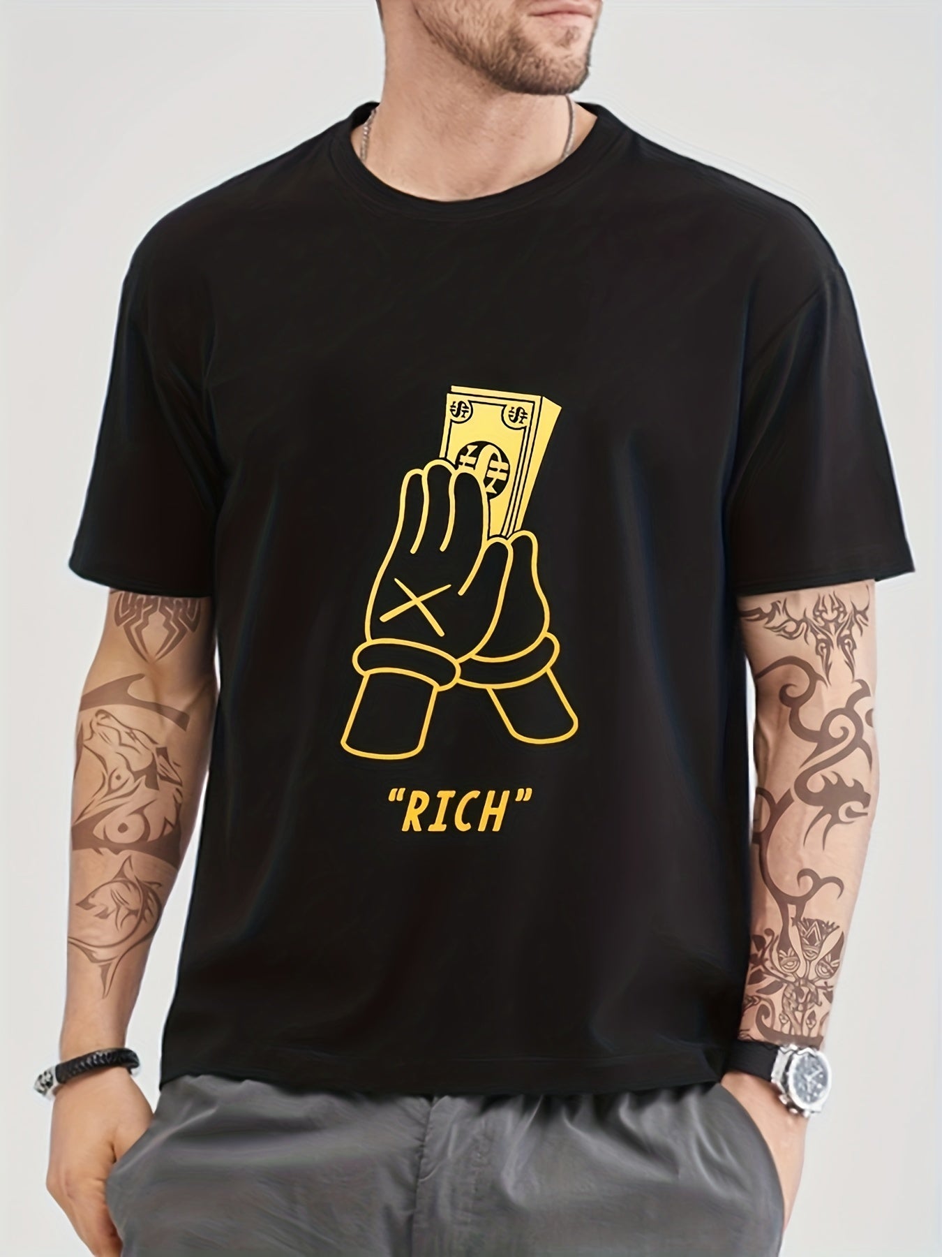 Cotton Pray To Be RICH Money Print Men's Graphic T-shirt