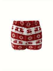 Christmas Elk Print Plush Lounge Set Tie Front Top & Shorts