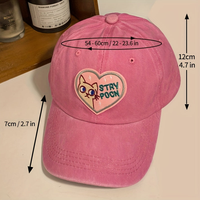 Embroidered Cartoon Cat Pink Heart Label Patch Sun Hat