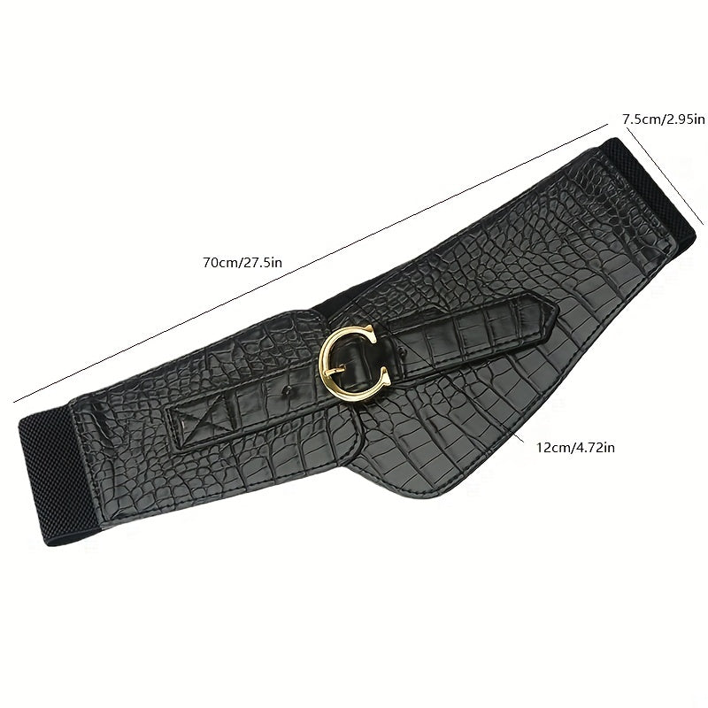 Stone Pattern Embossed PU Belt C Buckle Wide Belt Vintage Dress Coat