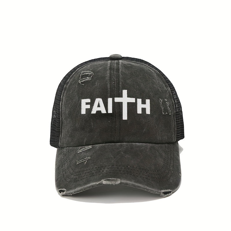 FAITH Ponytail Trucker Hat Washed Distressed Baseball Cap