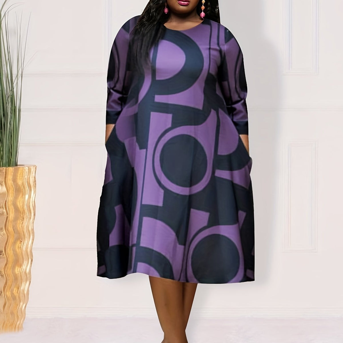 Geometric Print Half Sleeve Loose Fit Dress