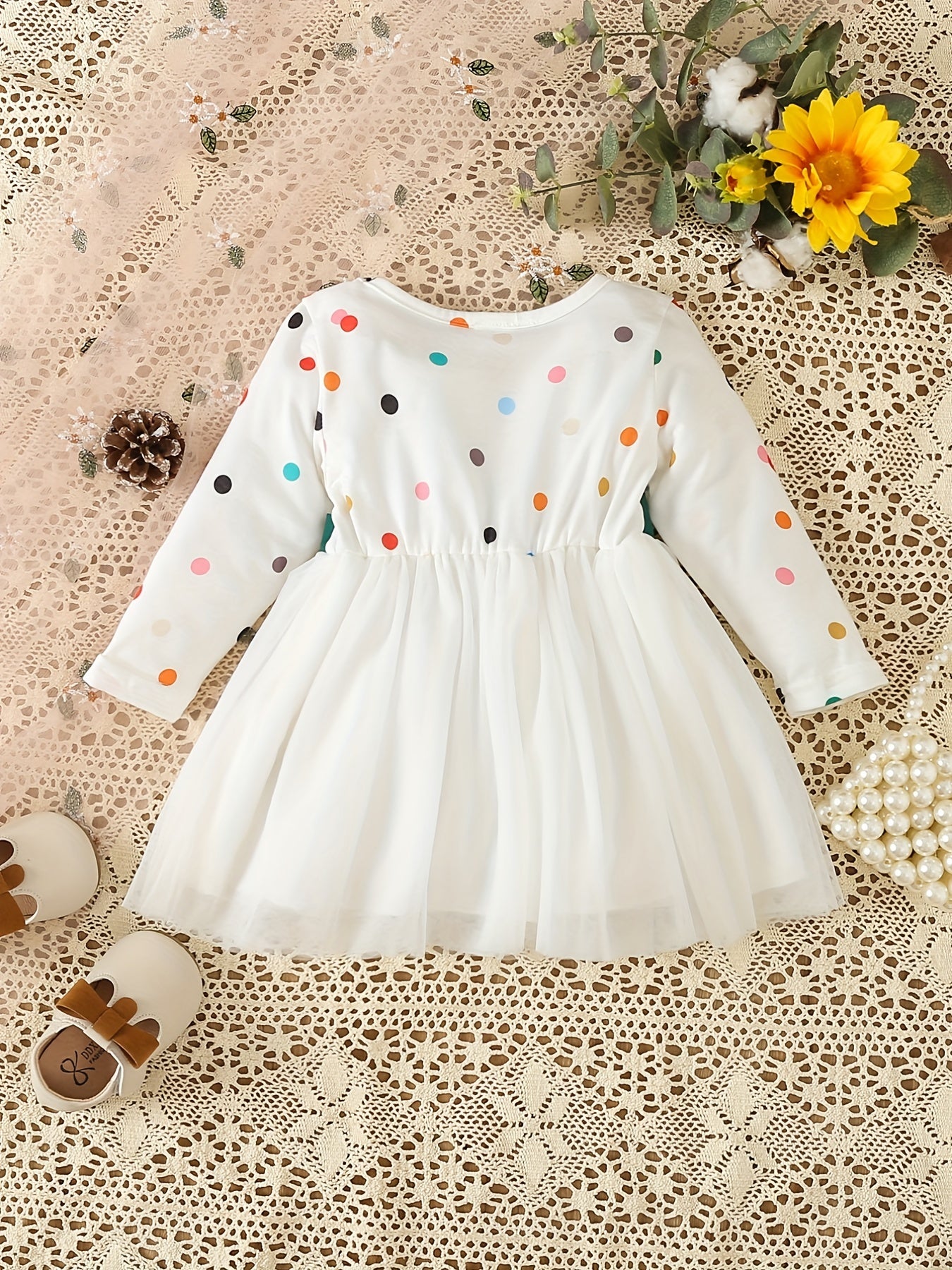 Baby Girls Colorful Dotted Mesh Belted Bow Dress Party Princess Dress