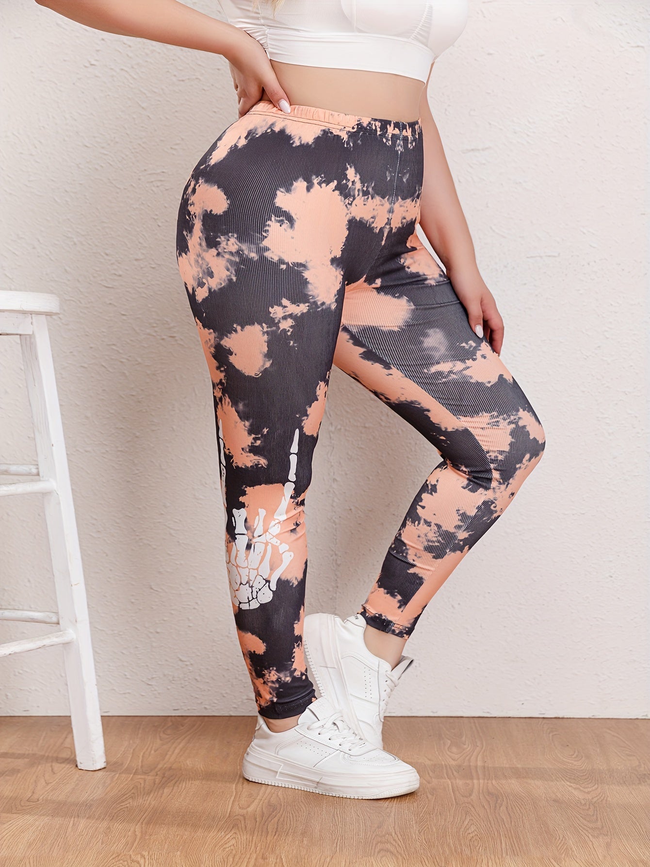  Women's Skull Print Tie Dye High Rise Skinny Trousers