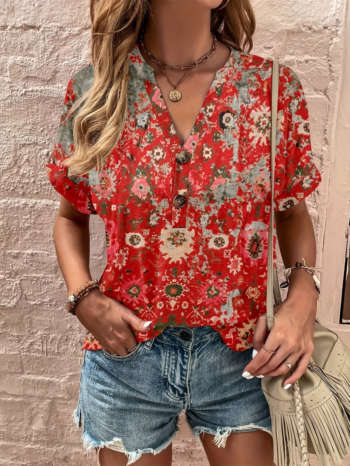  Boho Blouse Women's Plus Floral Print Top