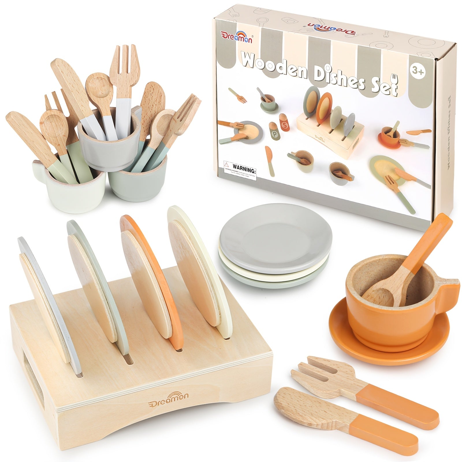 Kids' Wooden Toy Bowls and Plates Set 27pcs