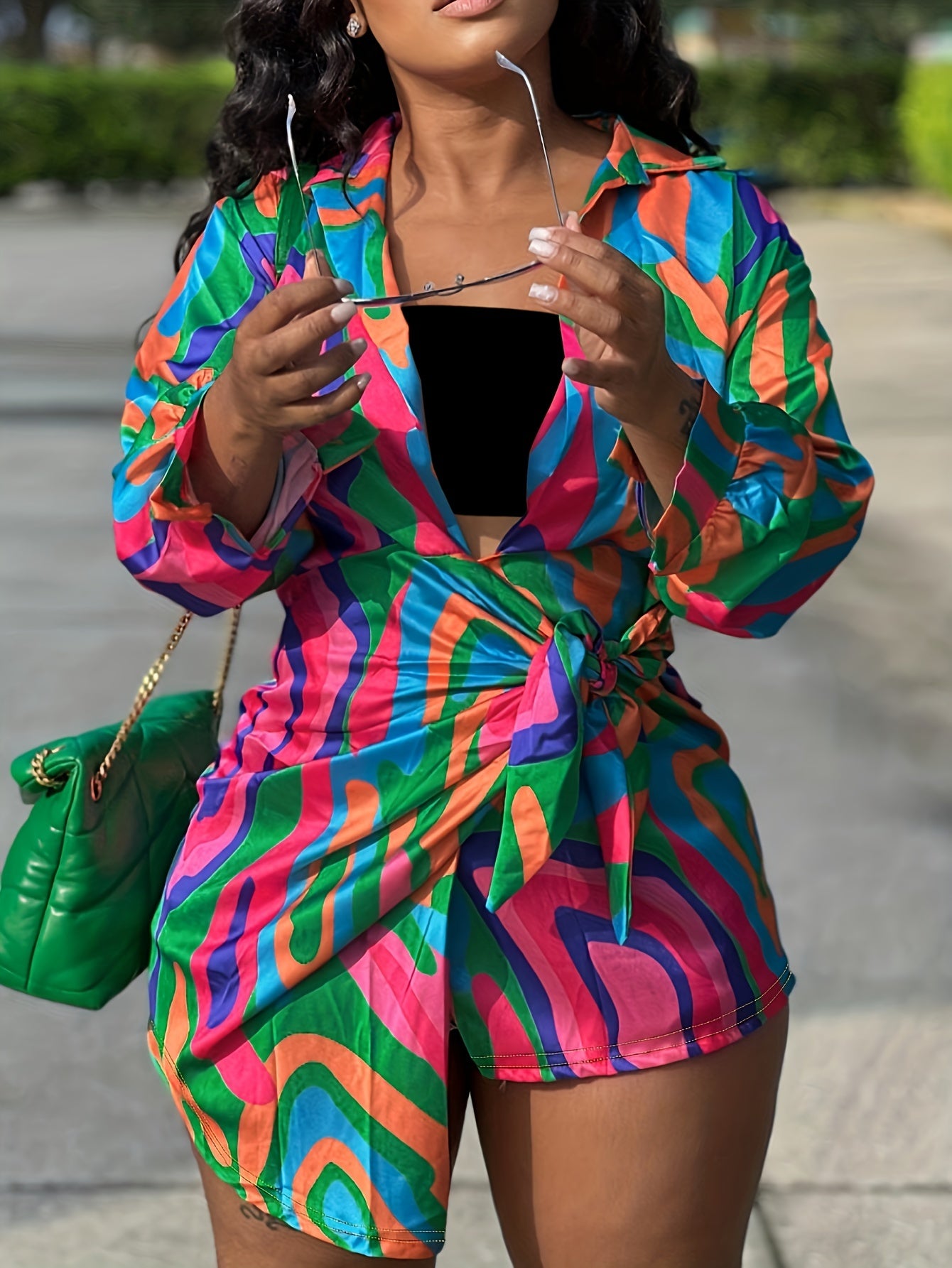  Abstract Print Lantern Sleeve Knot Dress