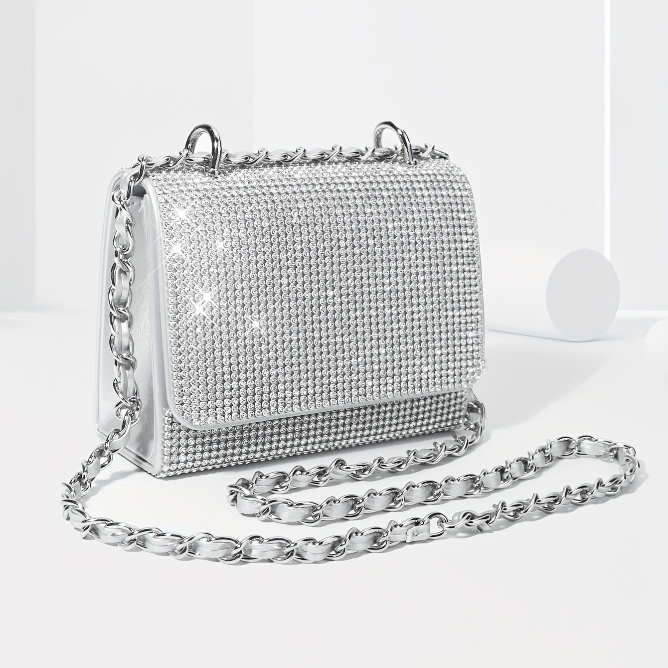 Glitter Chain Evening Bag for Party, Rhinestone Square Flap Bag