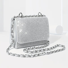 Glitter Chain Evening Bag for Party, Rhinestone Square Flap Bag
